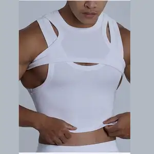 Ustom-Camiseta sin mangas de dos piezas para hombre, chaleco sexy de moda con agujeros