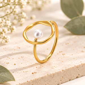 Gold Tone <b>Stainless</b> <b>Steel</b> Imitation Pearl <b>Ring</b> Organic Open Oval Sculptural Design - Product Image 1