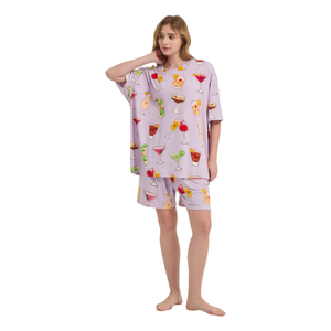 ชุดนอนผ้าเนื้อนุ่มพร้อมกางเกงสำหรับผู้หญิง ลายพิมพ์ Monday Sleeping Club เสื้อยืดนอนหลับไซส์ใหญ่ แขนสั้น ทรงโอเวอร์ไซส์ - Product Image 1