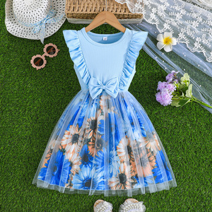 ชุดเดรสพิมพ์ลายดอกไม้หรูหราสำหรับเด็กผู้หญิง 4-8 ปี แขนสั้นระบายน่ารัก โบว์สวยงาม เสื้อผ้าสำหรับงานปาร์ตี้เด็ก - Product Image 1