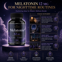 Comprimés de mélatonine à dissolution rapide 12 mg, 180 unités, complément de soutien au sommeil sans médicament, bien-être nocturne, vente en gros, OEM