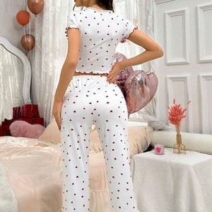 Pyjama femme transfrontalier, ensemble deux pièces, manches courtes, pantalon long, imprimé cœur, nœud, ensemble de vêtements de détente tendance. - Product Image 3
