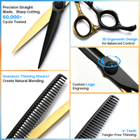 Ensemble professionnel de ciseaux à cheveux pour droitiers, acier inoxydable 440C, 6 pouces, noir et or, ciseaux à effiler, pour salon de coiffure