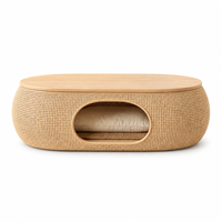 Table basse ottoman scandinave ronde avec plateau en bois naturel et base tressée, design double usage pour salon, convient aux personnes et aux animaux de compagnie