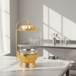 Plat de service de luxe 8 litres en acier inoxydable doré avec couvercle suspendu et base décorative ornée de filigranes - Product Image 2