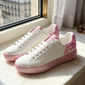 Luxury Rhinestone Logo Women White Leather Skate Sneakers Purple Heel Lace Up Flat Casual <b>Shoes</b> For Ladies Daily Street Dating - Product Image 4
