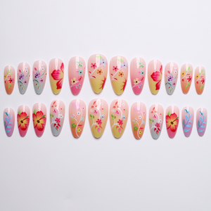 Faux <span class=keywords><strong>ongles</strong></span> à presser floraux <span class=keywords><strong>pastel</strong></span> - <span class=keywords><strong>Ongles</strong></span> nude ombrés en amande avec motifs de fleurs <span class=keywords><strong>et</strong></span> de feuilles dessinés à la main, manucure quotidienne printanière - Product Image 3