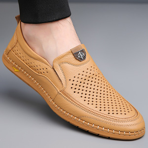 Chaussures bateau pour homme en cuir véritable, à enfiler, bout rond, respirantes, semelle en caoutchouc, chaussures décontractées d'été - Product Image 2