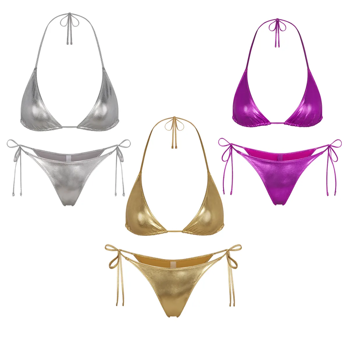 2024 Custom Metallic Badpak Voor Vrouwen Driehoekige Top Met Stropdas Onder Bikini Set Badmode Glanzend Zilver Goud Metallic Bikini