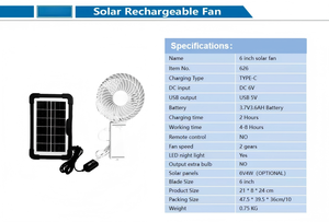 Nouveau design, ventilateur solaire rechargeable à piles, portable pour voiture, avec USB et lumière, remplacement et retour de produit possibles. - Product Image 6