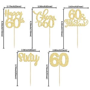 Decorazioni per Cupcake per <span class=keywords><strong>60</strong></span>° Compleanno, Topper Dorati 'Sixty Cheers to <span class=keywords><strong>60</strong></span> Years Old' per Festa di <span class=keywords><strong>60</strong></span> Anni - Product Image 2