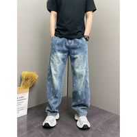 Jeans en denim déchiré style rétro hip-hop, coupe large, taille mi-haute, en polyester, pour hommes.
