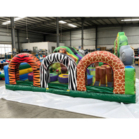 Structure gonflable commerciale en PVC pour la location : Combo parcours d'obstacles et château gonflable thème Zoo Jungle