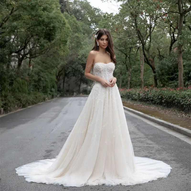 2023 Collection 3D Flower Champagne Wedding Dress | Noble Bride Wholesale Factory