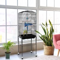 Volière moderne multi-niveaux pour oiseaux de compagnie avec toit incurvé, support métallique sur roulettes, étagère de rangement, plateau en plastique amovible et cage verrouillable pour