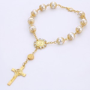 Atacado 10mm Pérola De Vidro Rosário Beads Virgem Maria Católica Crucifixo Rosário Pulseiras Ouro Jesus Cruz Charm Bracelet Mulheres - Product Image 5