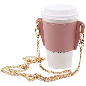 Suporte portátil para bebidas de chá, porta-copo portátil com corrente de metal e manga de couro pu para café