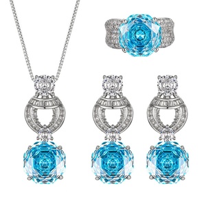 Wholesale Eco-friendly Copper 12mm Sea Blue Cubic Zirconia Necklace <b>Earrings</b> Ring <b>Set</b> Exquisite Jewelry <b>Sets</b> for Women - Product Image 1