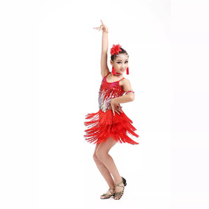 Children's Latin Dance Costume <b>Sequined</b> Tassel Skirt Girls Performance Wear Competition Dress Yellow <b>Red</b> Blue - Product Image 2