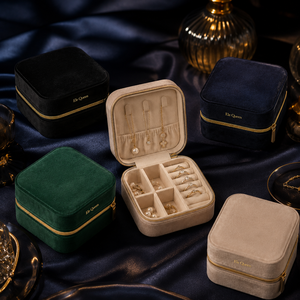 Luxury Velvet Square Pattern Jewelry <b>Box</b> Zipper Design <b>Ring</b> Holder Multi Compartment Storage Case Travel Jewelry Storage Gift - Product Image 1