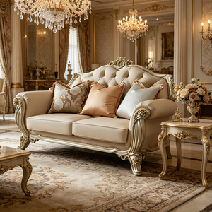 Set di Divani a Due Posti in Stile Europeo di Lusso, Divano in Legno Massello Intagliato e Pelle in Stile Francese, <span class=keywords><strong>Arredamento</strong></span> per Soggiorno - Product Image 1