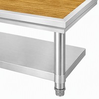 Banco da Lavoro in Acciaio Inox a Doppio Strato con Piano in Legno Naturale, Autopulente, Resistente agli Agenti Chimici e alla Corrosione