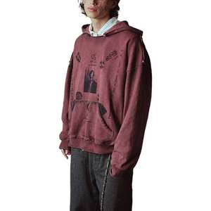 <span class=keywords><strong>Felpa</strong></span> con Cappuccio Personalizzata da <span class=keywords><strong>Uomo</strong></span>, Stile Vintage Rosso, Effetto Lavaggio Acido, Strappata e Corta - Product Image 2