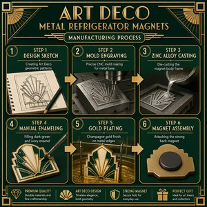 Aimant de réfrigérateur en émail Art Déco, style Gatsby, or et vert émeraude, avec motifs cassette, boombox, vinyle, patins à roulettes, télévision rétro, en métal de luxe - Product Image 3