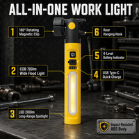 Lámpara de Trabajo LED COB Recargable, Linterna Magnética Tipo C para Reparación de Automóviles, Taller, Inspección