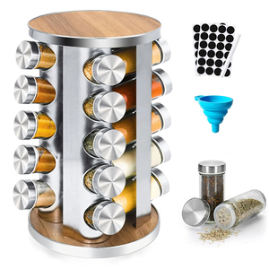 Organisateur d'Épices Rotatif en Acier Inoxydable et Bois, <span class=keywords><strong>Carrousel</strong></span> à Épices pour Comptoir de Cuisine, Étagère à Épices Tournante avec Bocaux - Product Image 1