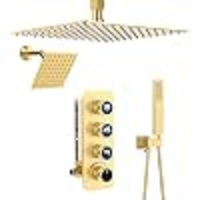 Système de douche à pluie double à 4 poignées, avec deux têtes carrées de 12 et 6 pouces, vanne inverseur à icônes lumineuses, douchette 2-en-1, finition or brossé, pour usage hôtelier