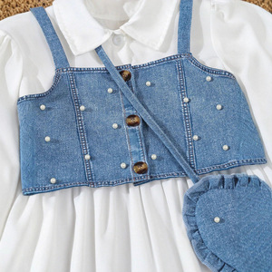 Conjunto de Vestido de Mezclilla para Niñas, Vestido Blanco de Manga Larga con Detalle de Perlas y Bolso Bandolera para un Look Diario Adorable - Product Image 5