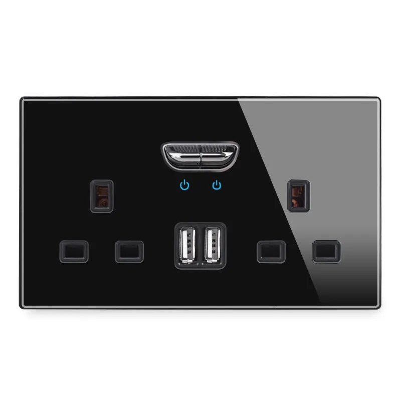 UK Black Wand schalter buchse Vollglas Single Twin 13A Steckdose Doppelte USB-Aufladung Gute Qualität Universal buchse