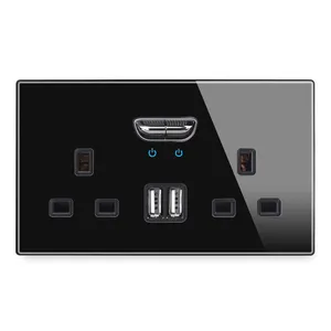 UK Black Wall Switch Socket Full Glass Single Twin 13A Plug Outlet Double USB Charge Good Quality Universal Socket