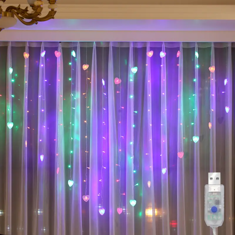 Dekorasi USB Pencahayaan Cinta Hati Tirai Jendela Tali Cahaya LED Cahaya Peri Tali untuk Pernikahan Dekorasi Dalam Ruangan Luar Ruangan