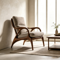 Fauteuil de lecture individuel Wabi Sabi à dossier haut, avec coussin texturé en lin beige et structure ergonomique en fibre de verre creuse et courbée