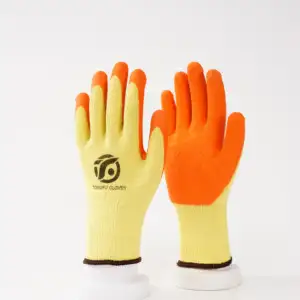 Sarung tangan kerja lateks kerut 2 benang, sarung tangan keselamatan kerja lateks katun kuning