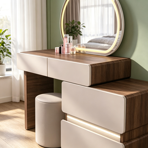 Coiffeuse minimaliste moderne avec miroir ovale éclairé et tiroirs de rangement, table de maquillage pour chambre à coucher avec tabouret - Product Image 5