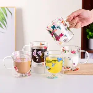 300ml Heat Resistant Double Wall Glass Cup Creative Design Dry Flower Glass Coffee Cup
