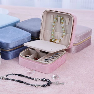 Travel Friendly Square Velvet Jewelry <b>Boxes</b> With Zipper Closure Inner Mirror And Multi Compartment Ideal For Portable Jewellery - Product Image 4
