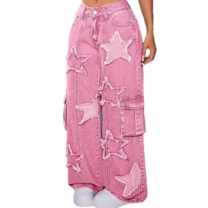 Jeans <span class=keywords><strong>Cargo</strong></span> in Denim Personalizzati a Gamba Dritta e Vestibilità Ampia, Pantaloni in Denim Patchwork per Ragazze, Jeans a Vita Alta per Donne - Product Image 3