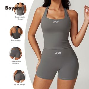 Boyarn TZ8819 femmes solide respirant Fitness ensemble de sport Gym col carré soutien-gorge entraînement Yoga vêtements de sport bout à bout Shorts - Product Image 3