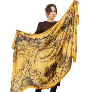 Silk Scarves Fashion Women Luxury Unique Landscape Printed Hijabs Scarf 2024 Hot Selling Newest Style Soft Large Long