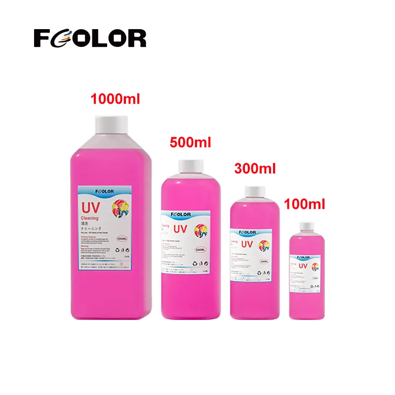 Fcolor Muestra gratis Nueva solución de limpieza de impresora UV de 300ML para boquilla de impresora Espon Solución limpiadora fuerte para impresora UV