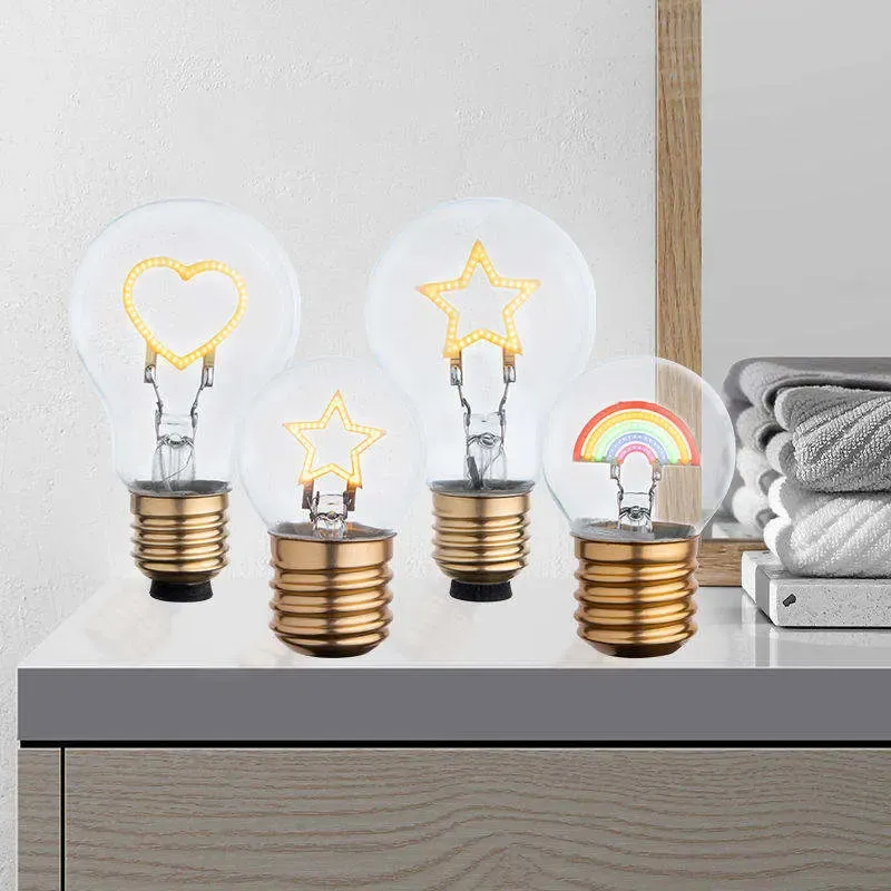 Holiday Gift Mood Lighting Battery Operated DIY Cartoon Custom Rainbow Heart Star E40 DC5V USB Rechargeable Led Filament Bulb