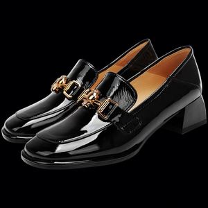 Elegant Retro Women's Leather Slip-On Office Shoes Comfortable Med <b>Heel</b> Square Ankle Strap <b>Closed</b> <b>Toe</b> Height Increasing Buckle - Product Image 1
