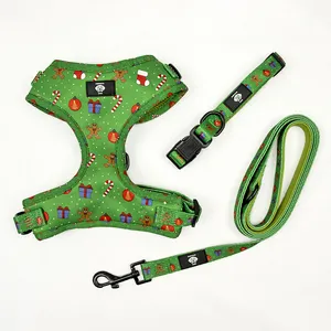 圣诞吊坠印花柔软可调狗背带绿色可爱小狗项圈和宠物皮带出售