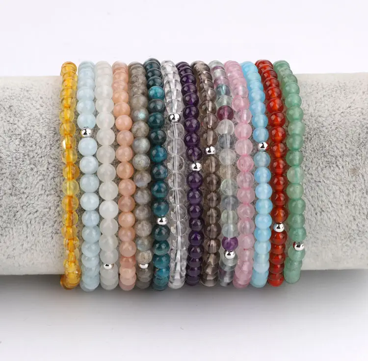 High Quality 4mm Natural Semi-precious Stone 925 Sterling Silver Beads Elastic Gemstone Bracelet For Women and men