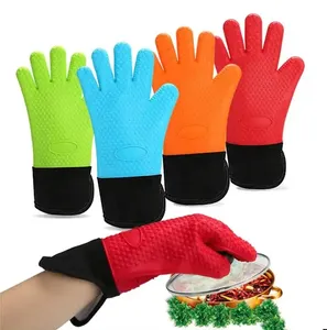 Горячая распродажа, пищевая термостойкая силиконовая перчатка для духовки с 5 пальцами и удлиненной толстой стеганой хлопковой подкладкой
