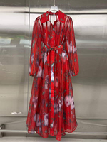 Robe longue fluide pour femme à imprimé floral, col à revers, manches longues lanternes, avec ceinture et doublure intégrée